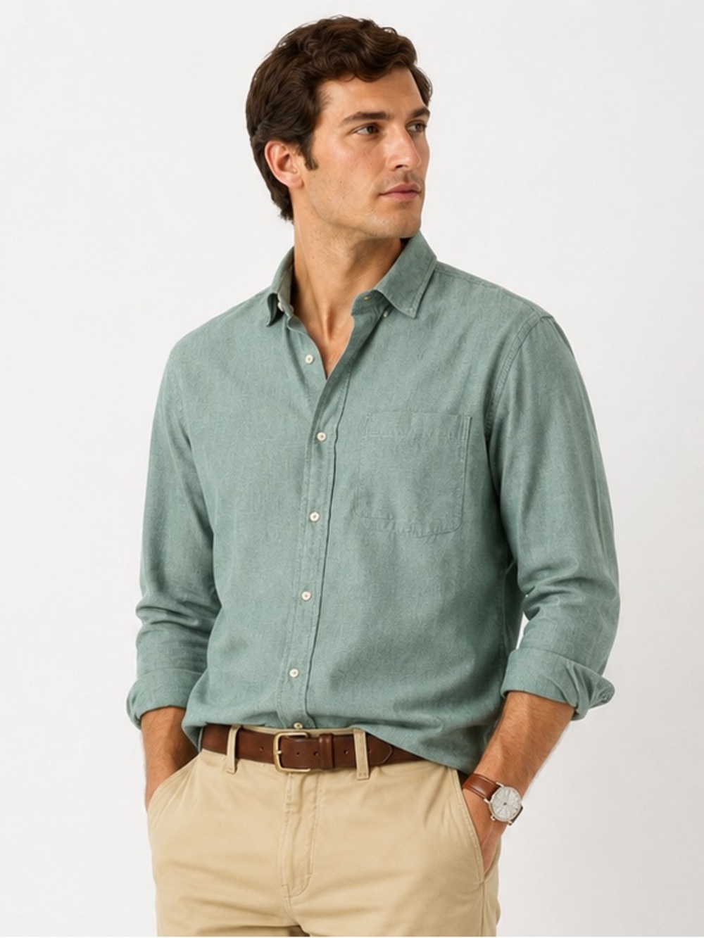 Magellan Green Herringbone Button Down Shirt-00B